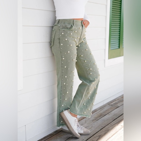 POL Pearl Beaded Distressed Raw Hem Straight Leg Denim Sage Green - Picture 6 of 9